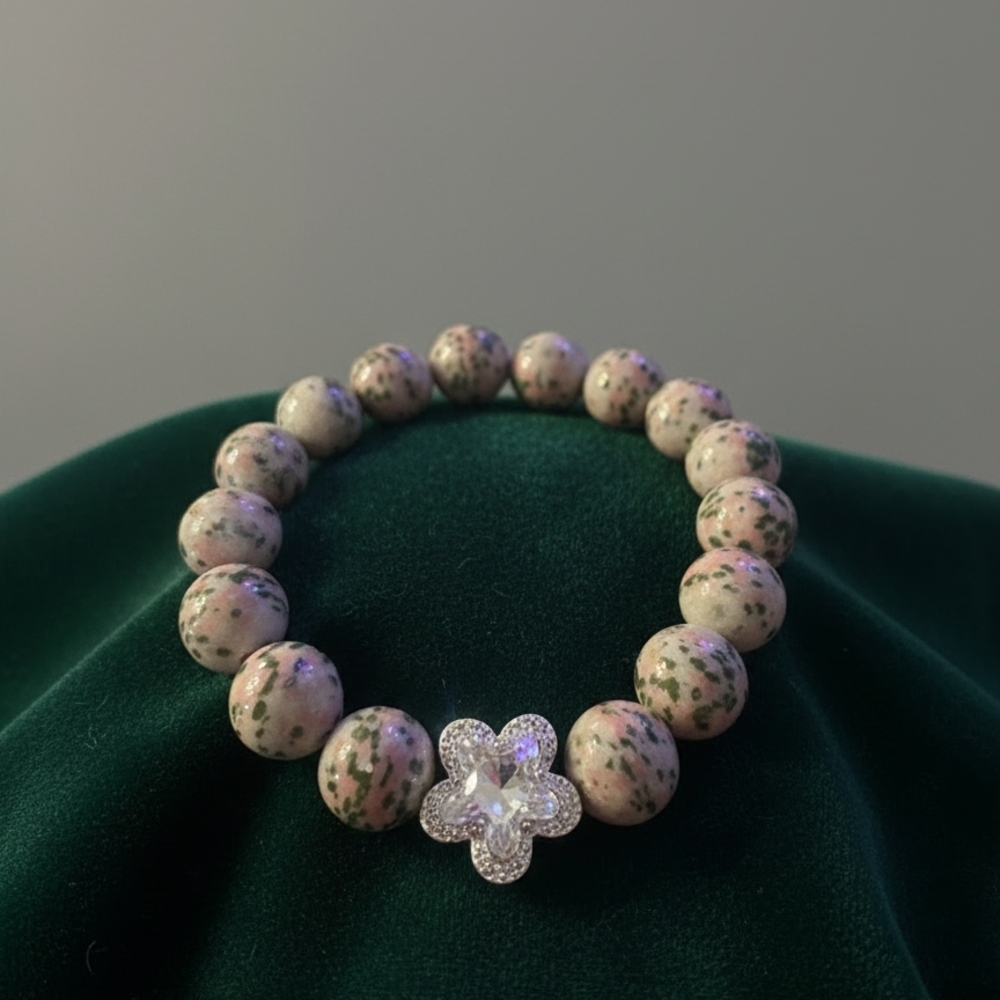 Crystal Elegant Pink Beaded Bracelet with Silver Flower Charm